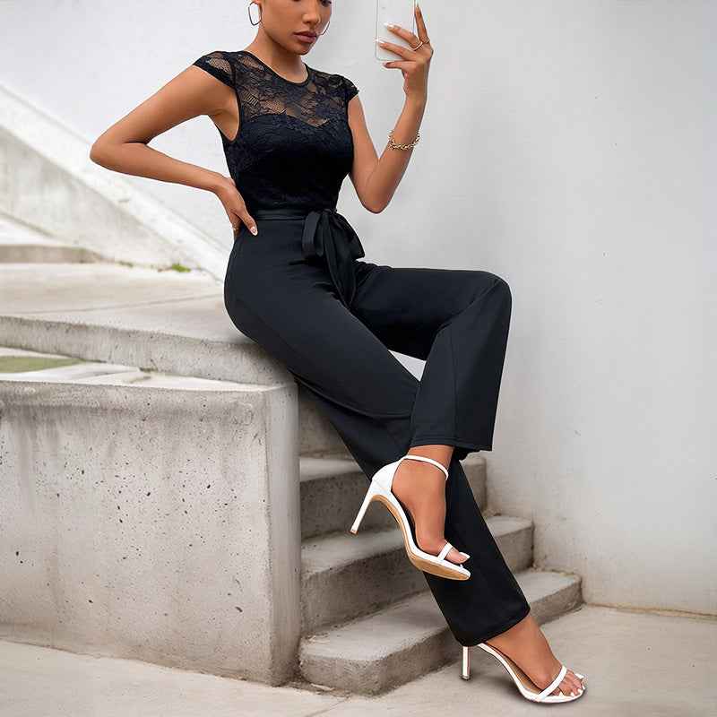 Lace Stitching Sleeveless Jumpsuit High Waist