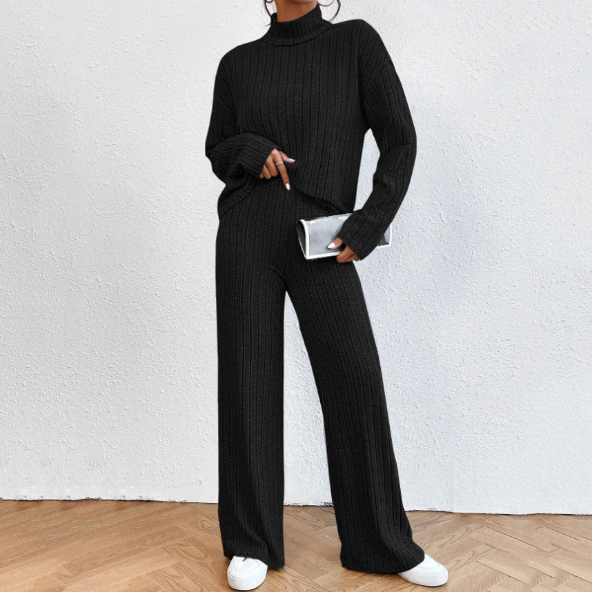 Leisure Turtleneck Knitting Long-sleeve Sweater Loose Trousers Two-piece Set