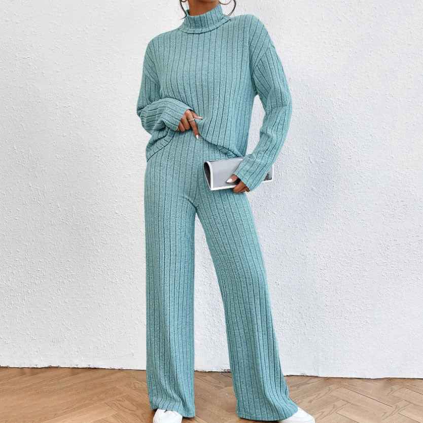 Leisure Turtleneck Knitting Long-sleeve Sweater Loose Trousers Two-piece Set
