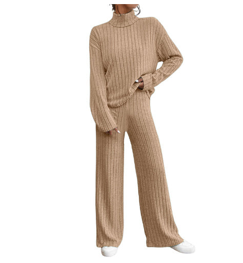 Leisure Turtleneck Knitting Long-sleeve Sweater Loose Trousers Two-piece Set