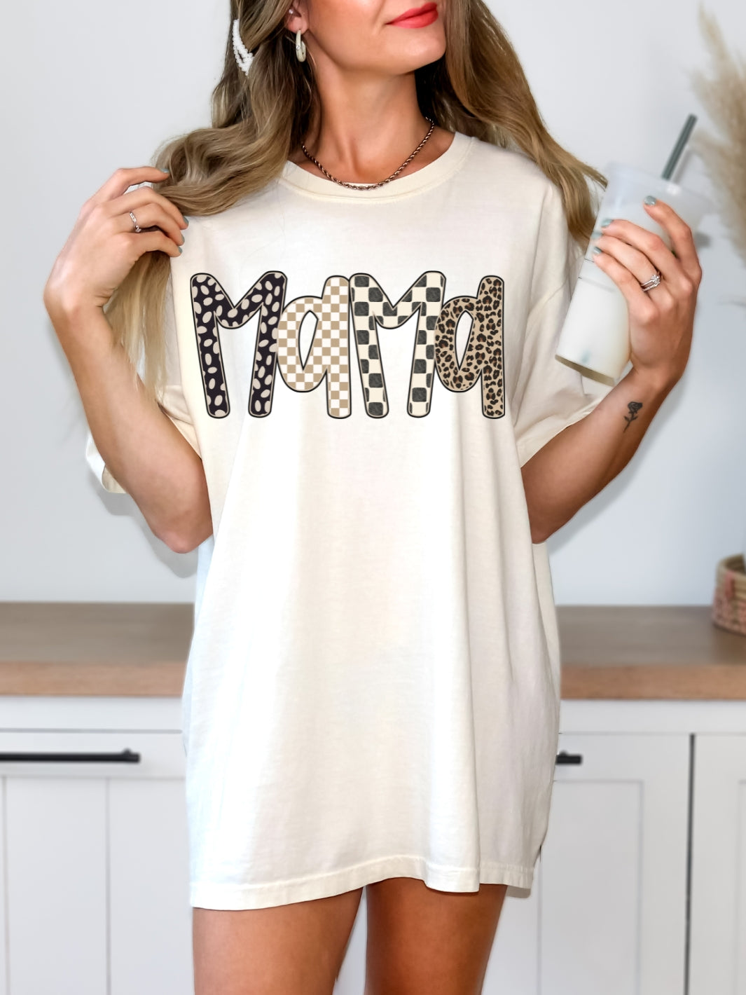 Comfort Colors Mama Checkered Leopard Print T-Shirt