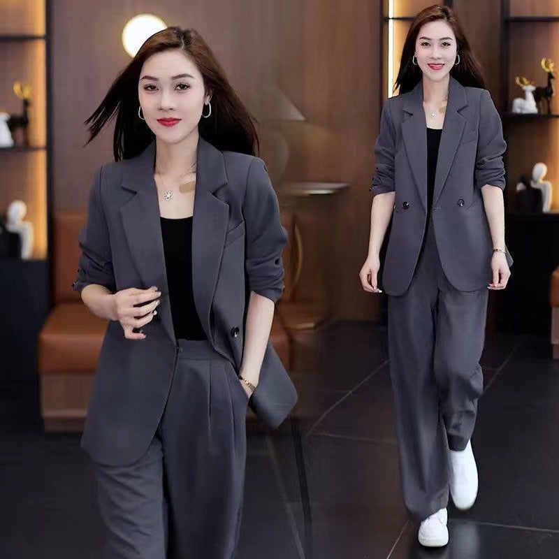 Loose, Slimming Casual Blazer And Wide-Leg Pants Two-Piece Set