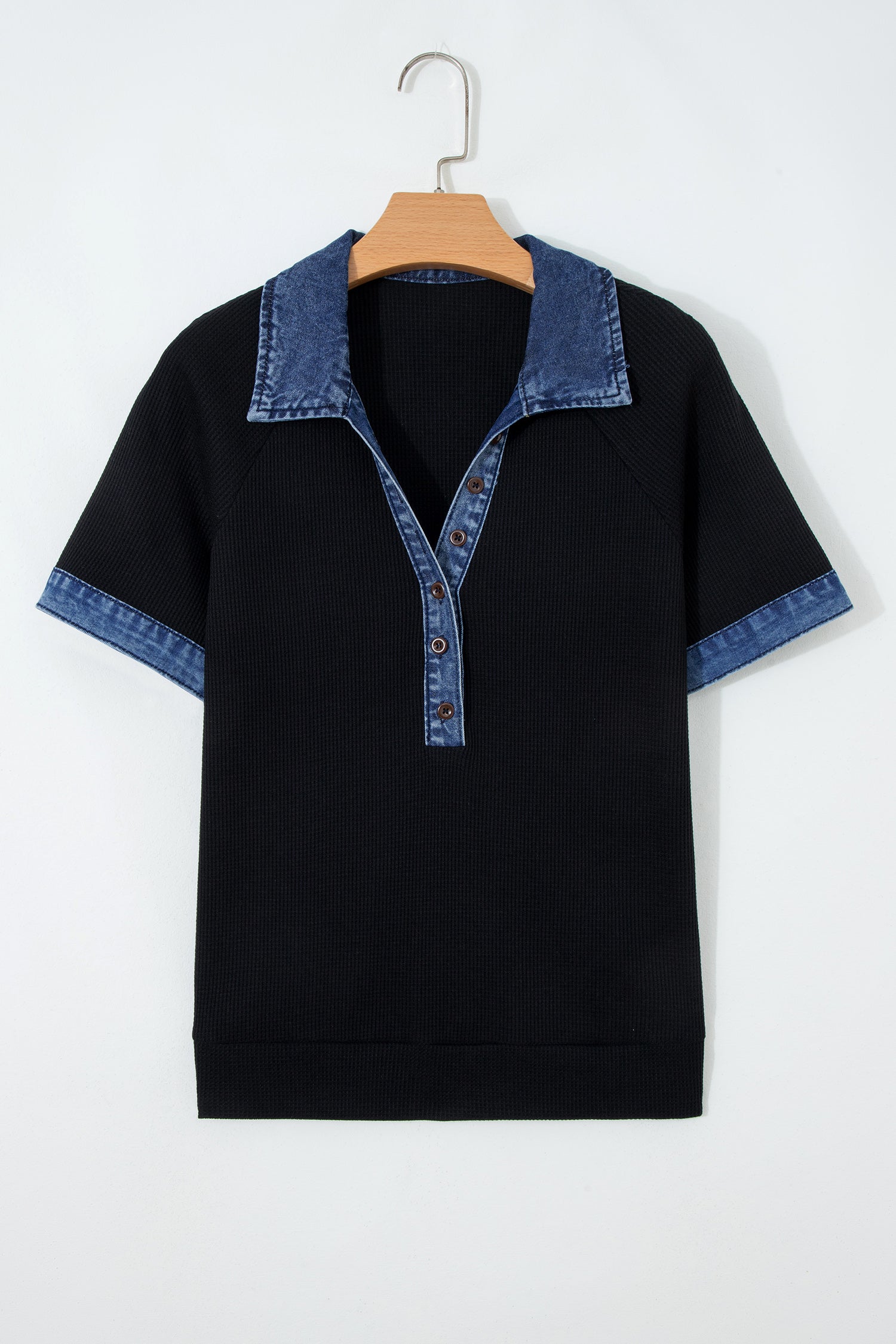 Denim Polo Collar Waffle Knit Patchwork Top