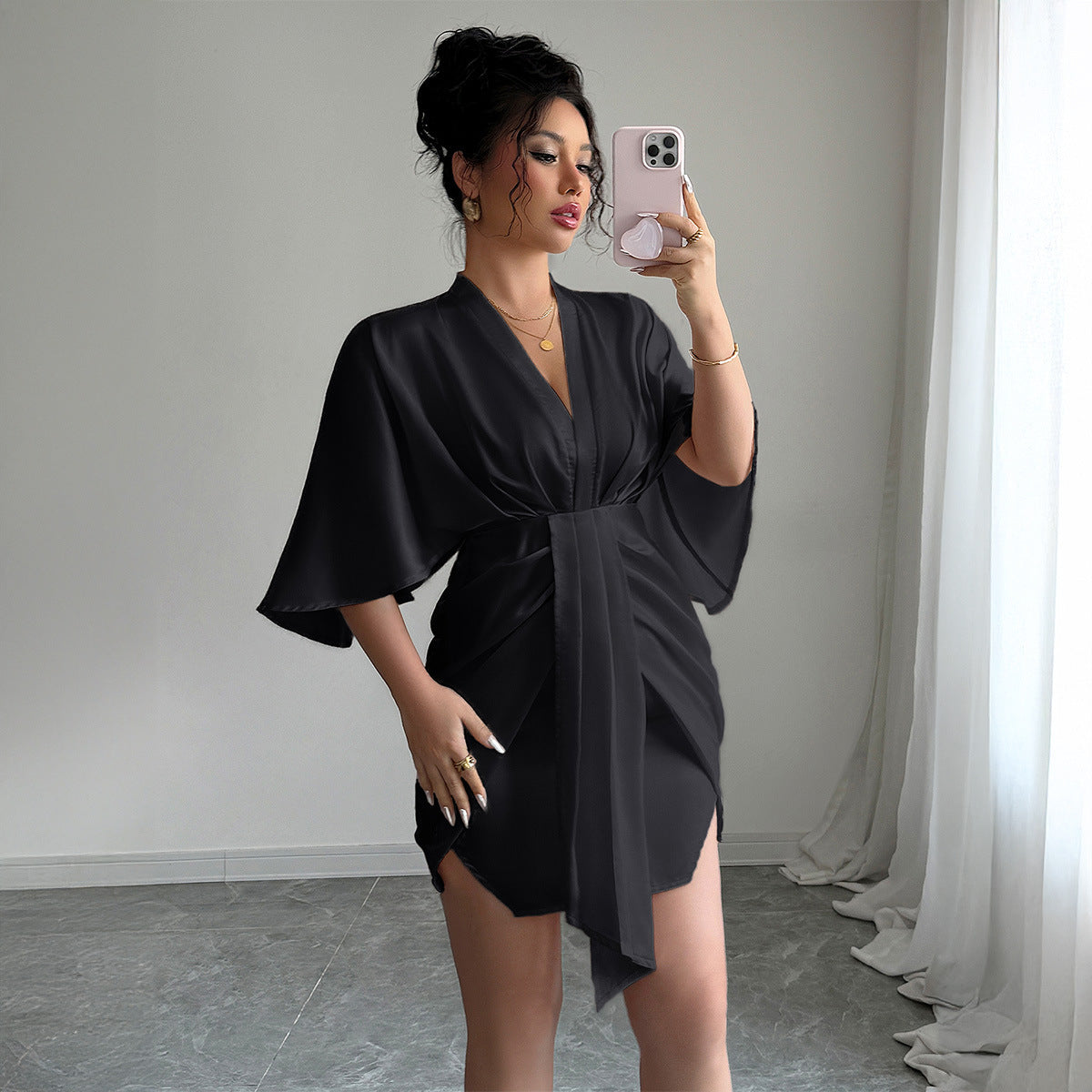 High-end Simple Style Deep V Waist Wide Sleeve Hip Skirt Dress