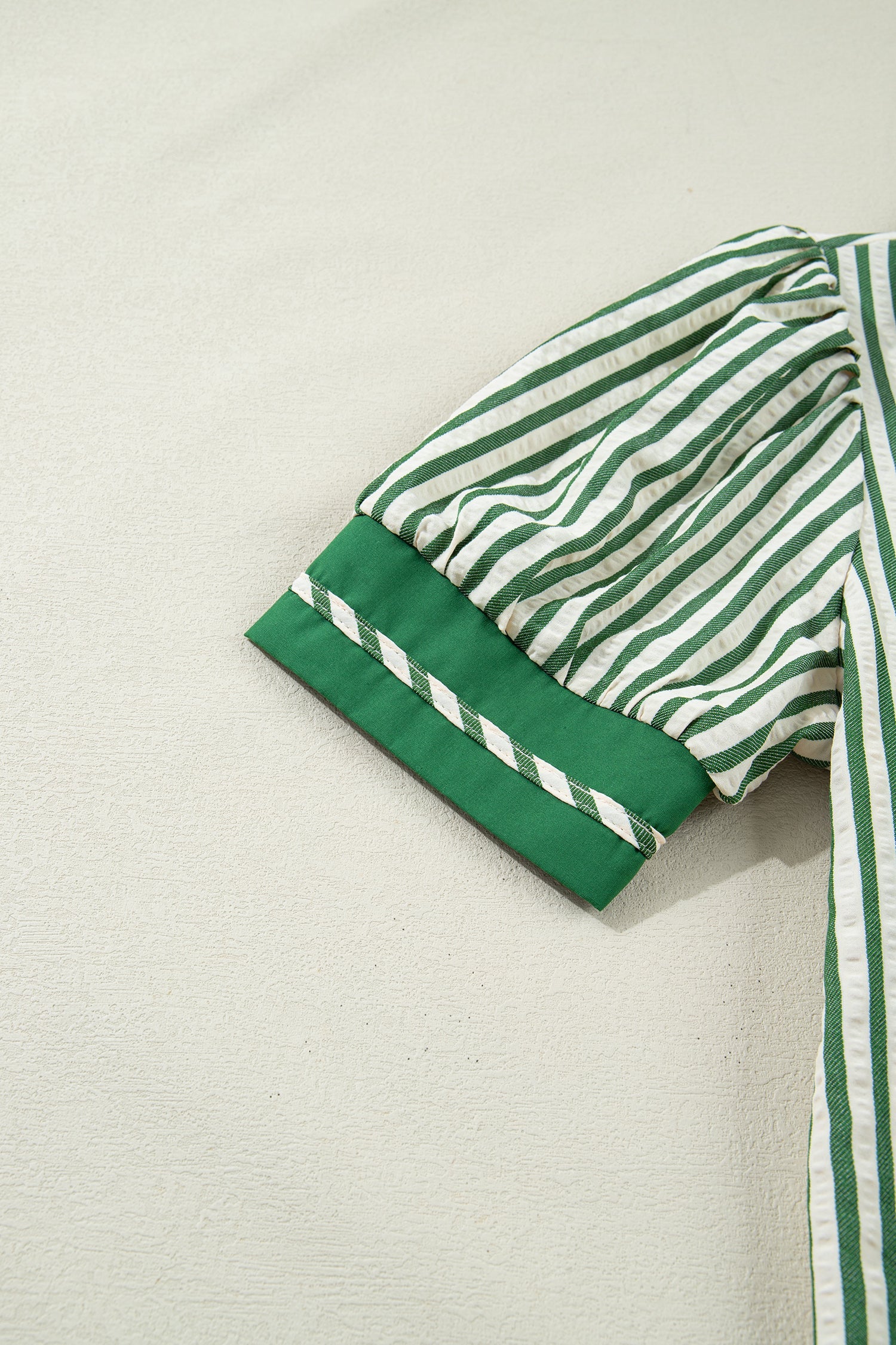 Stripe Collared V-Neck Bubble Sleeve Blouse