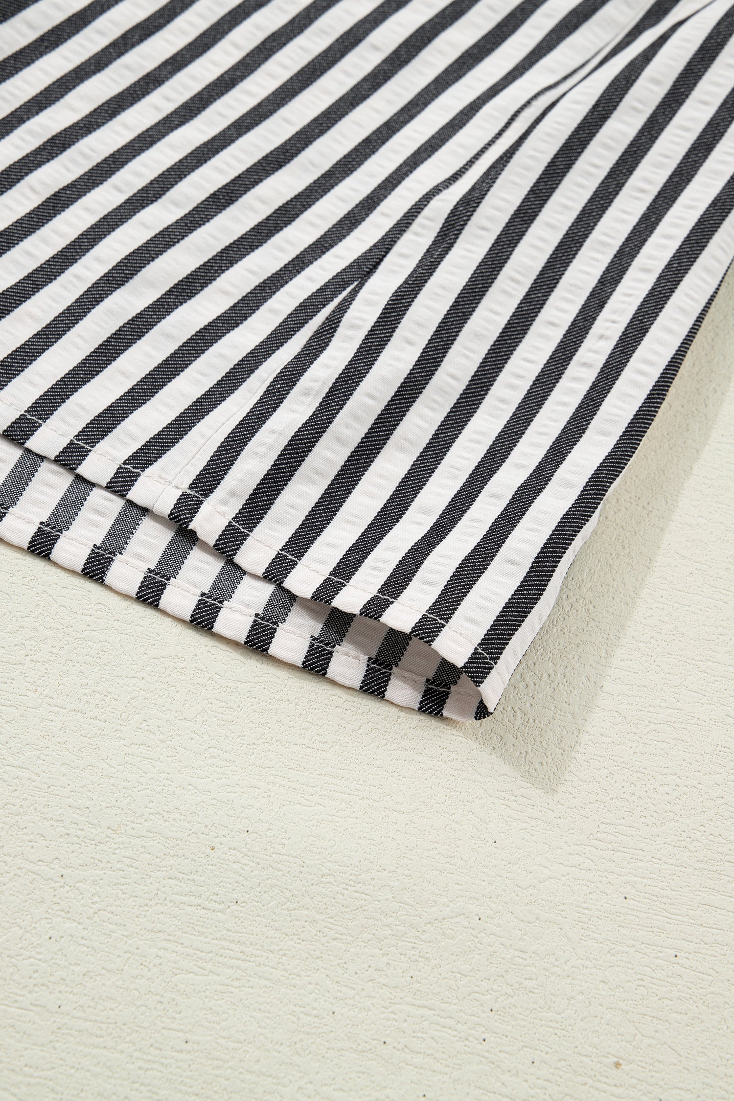 Stripe Collared V-Neck Bubble Sleeve Blouse