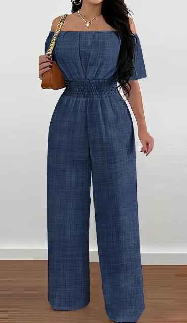 Elegant Off-Shoulder Short Sleeve Waist Cinch Jumpsuit Solid Color