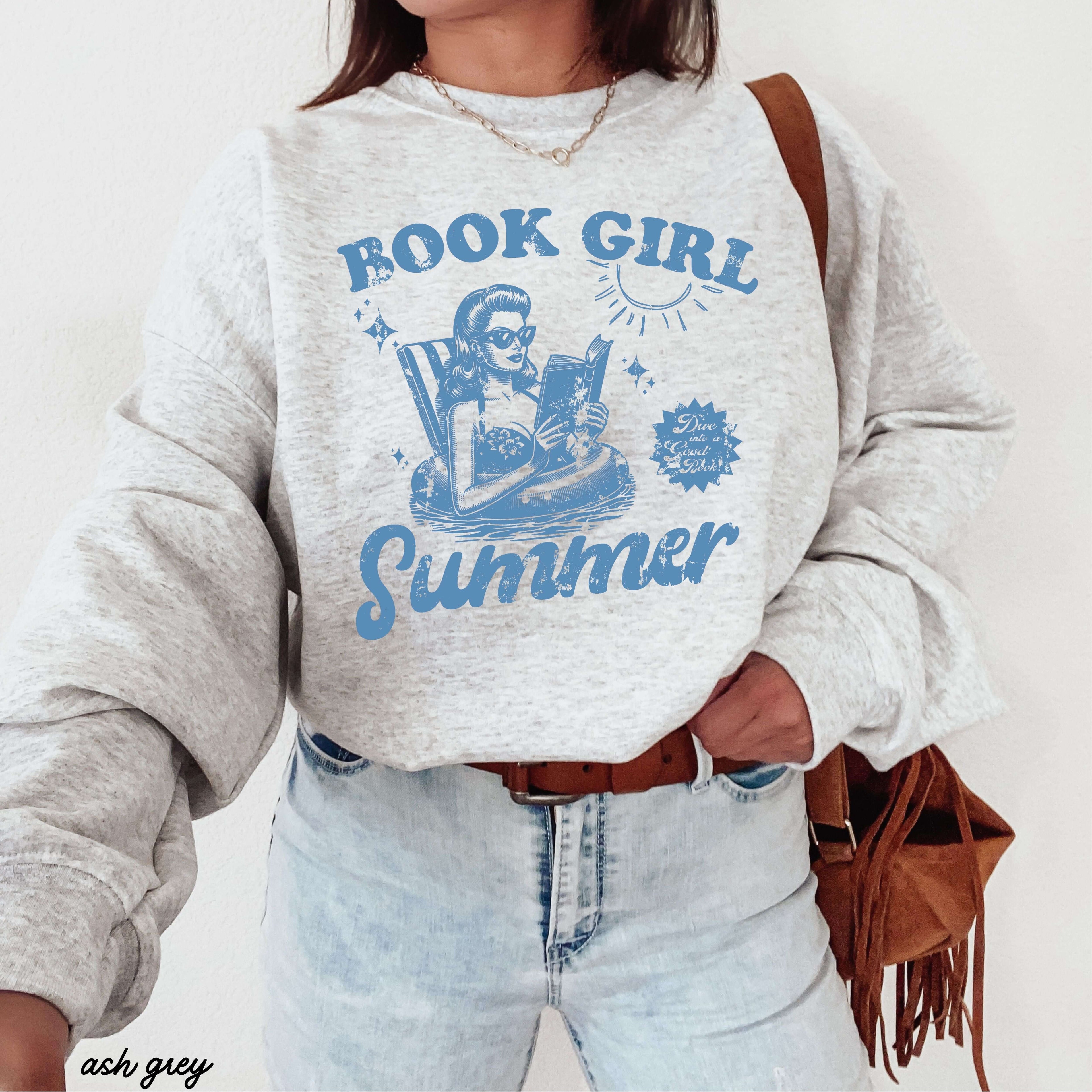 Book Girl Summer Sweatshirt 5 Colors S-3X featuring a stylish design on a cozy gray sweatshirt.