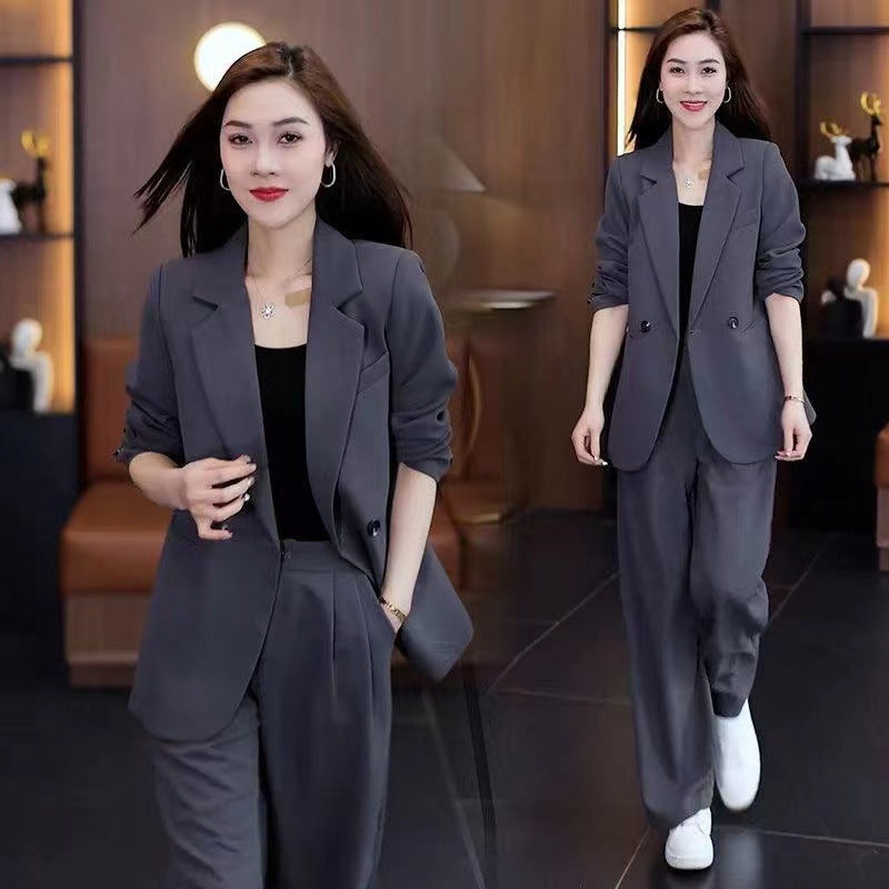 Loose, Slimming Casual Blazer And Wide-Leg Pants Two-Piece Set