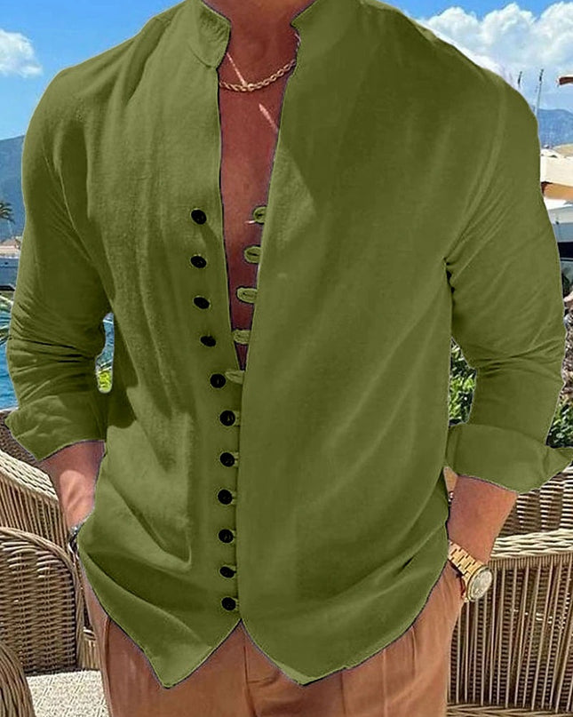 Retro Button Design Long-sleeved Shirt Men's Casual Loose Top Mens Clothing
