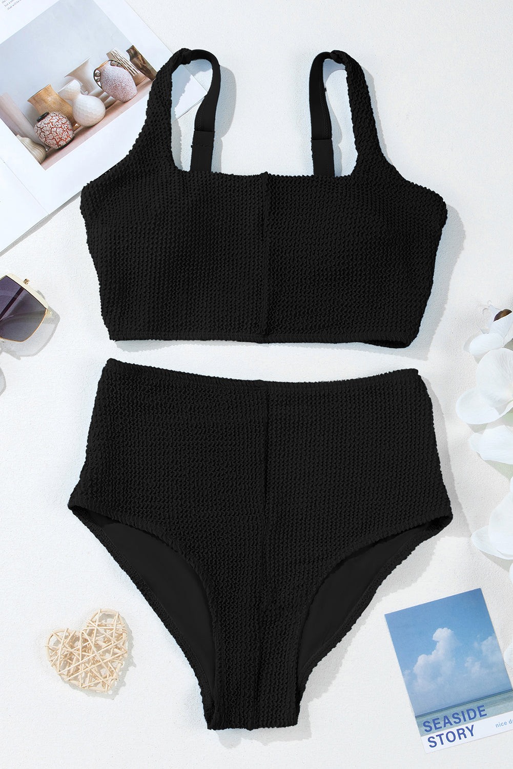 Colorblock Corded Top &amp; High Waist Bikini Set