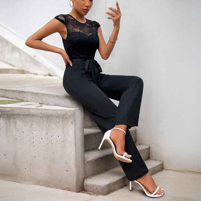 Lace Stitching Sleeveless Jumpsuit High Waist