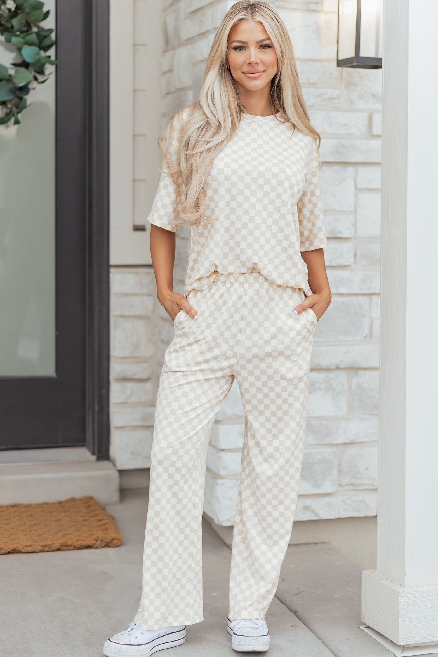 Checker Short Sleeve Tee &amp; Pants Lounge Set