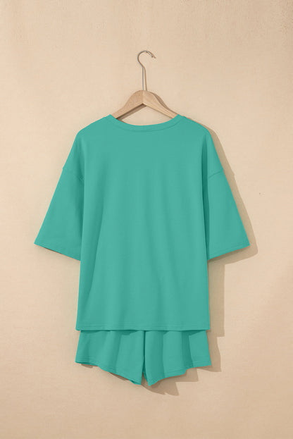 Solid Loose V-Neck Tee &amp; Drawstring Shorts Set