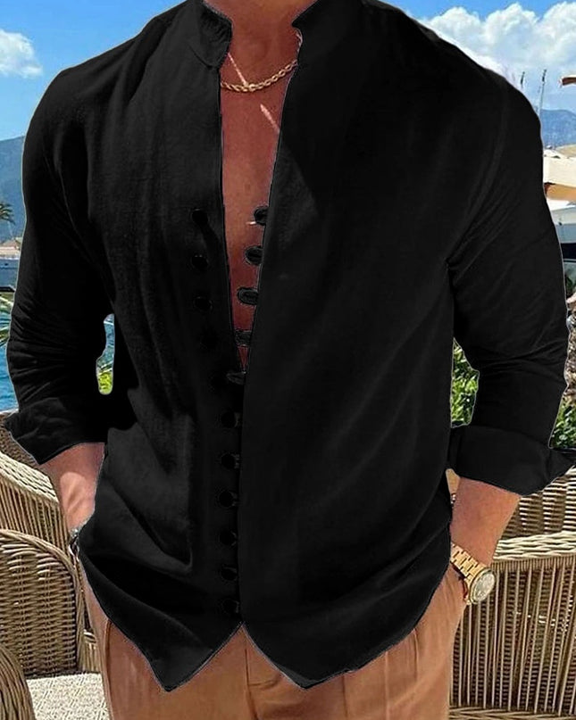 Retro Button Design Long-sleeved Shirt Men's Casual Loose Top Mens Clothing