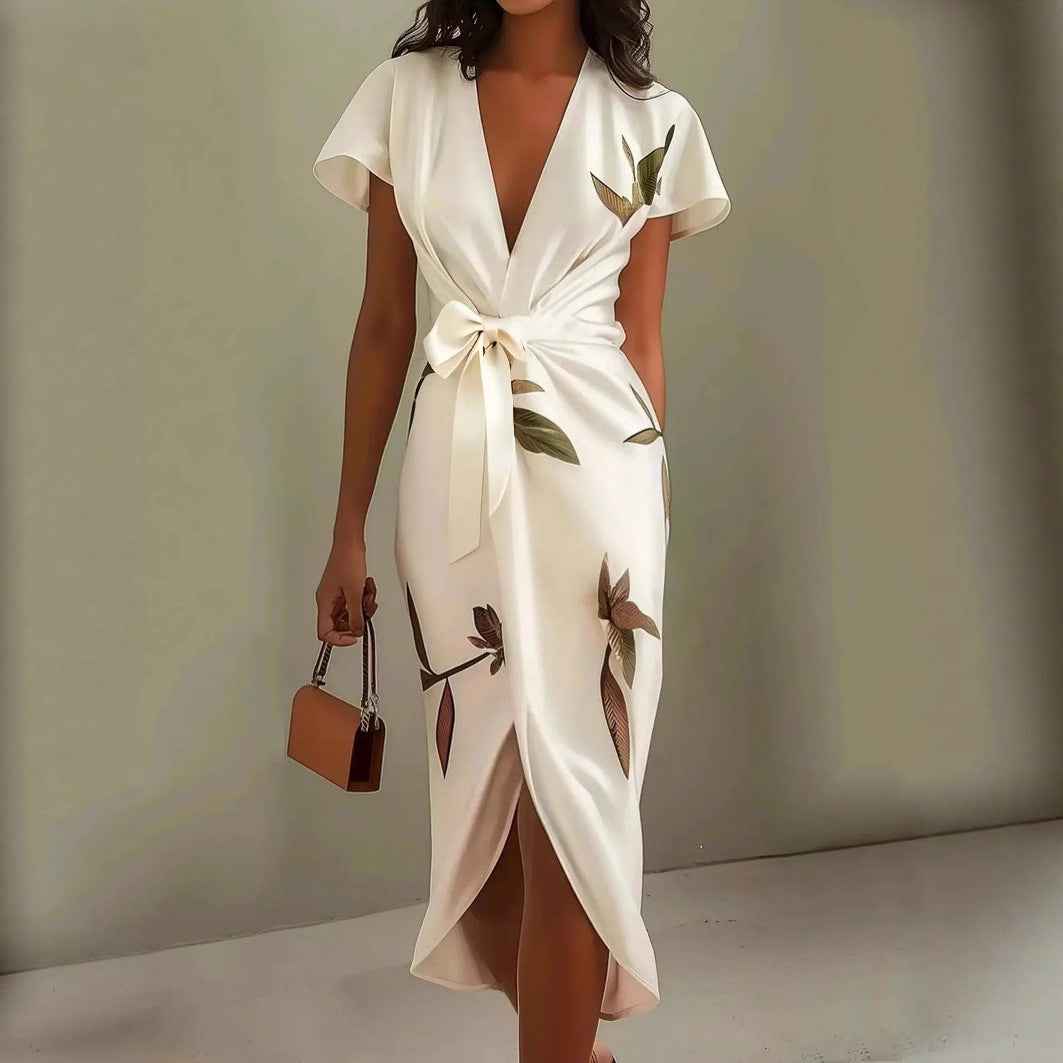 European And American V-neck Short-sleeved Lace-up Digital Printed Dress