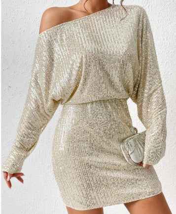 Fashion Oblique Shoulder Sequins Dress Ins Long-sleeved Dresses For Party Women&
