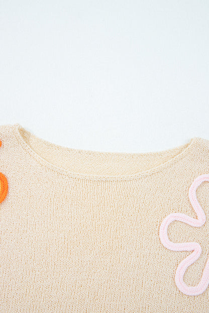 Colorblock Flower Cuffed Long Sleeve Sweater