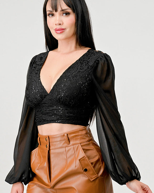 Luxe Lace Sequin Crop Top with Sheer Long Sleeves – Black or White