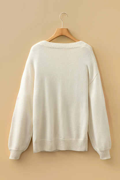 Floral Embroidered Sleeve Round Neck Loose Sweater