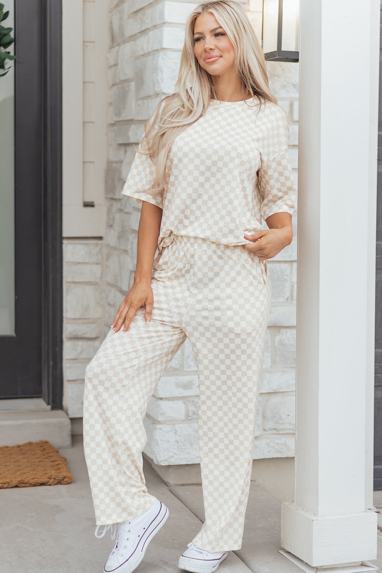 Checker Short Sleeve Tee &amp; Pants Lounge Set