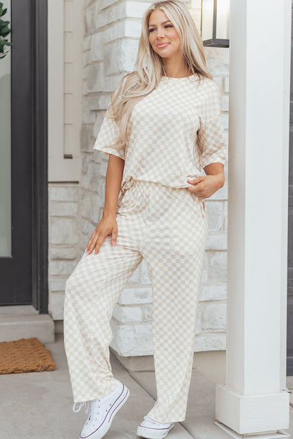 Checker Short Sleeve Tee &amp; Pants Lounge Set