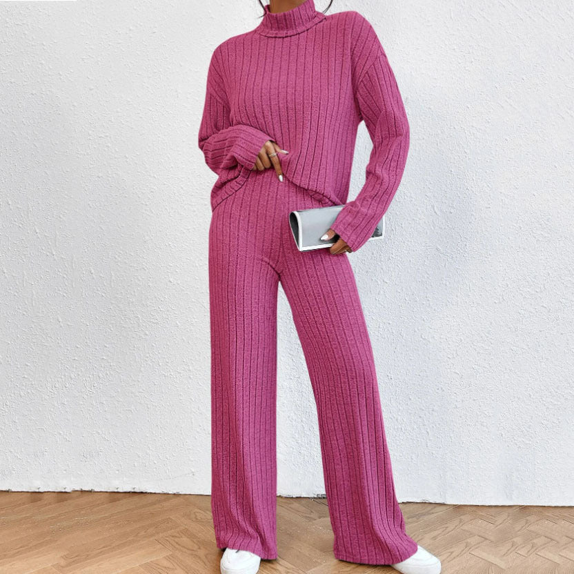 Leisure Turtleneck Knitting Long-sleeve Sweater Loose Trousers Two-piece Set