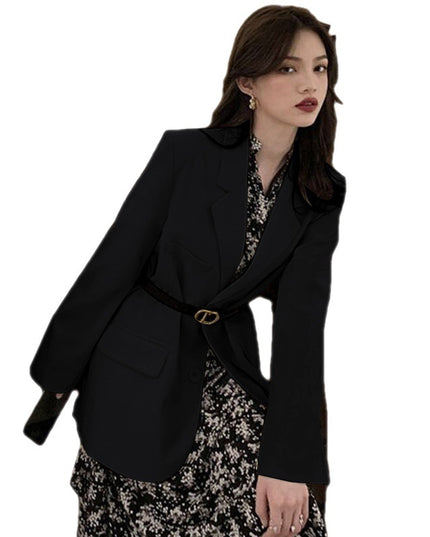 Beige Blazer In British Style, Trendy Set With A Black Top