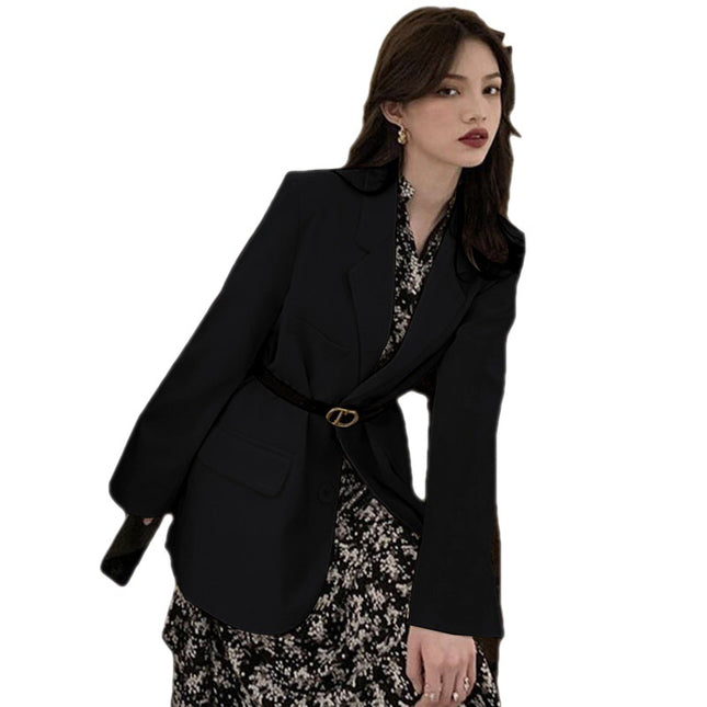 Beige Blazer In British Style, Trendy Set With A Black Top