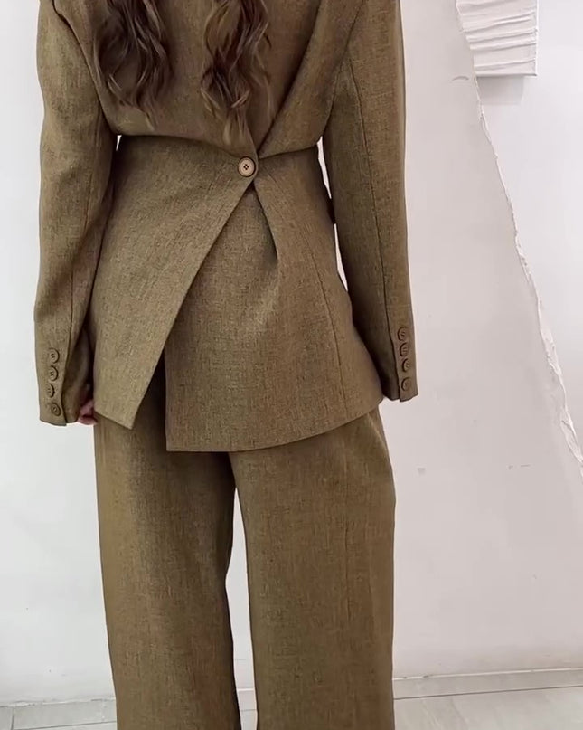 Solid Color Slit Back Buttoned Waist Blazer & High Waist Pants Set