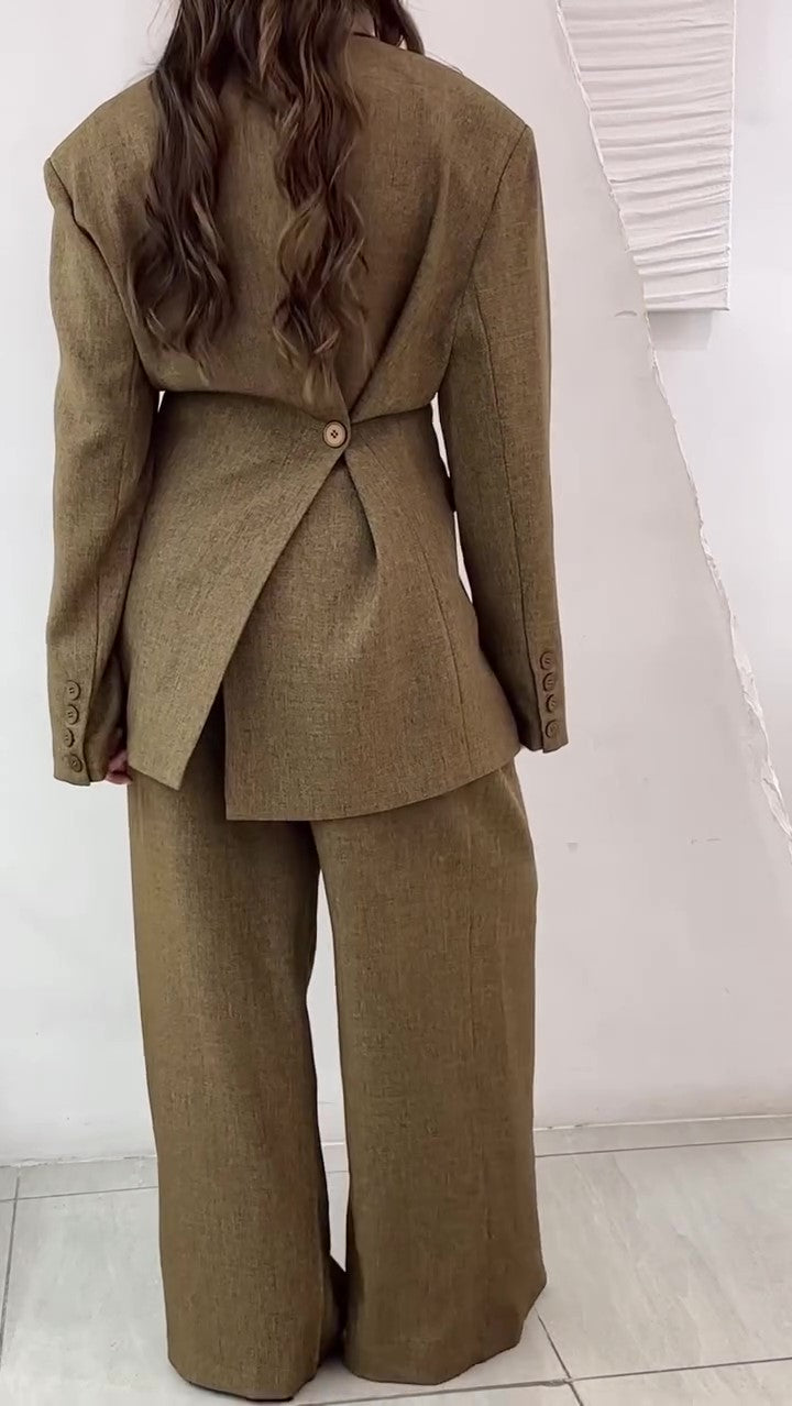Solid Color Slit Back Buttoned Waist Blazer &amp; High Waist Pants Set