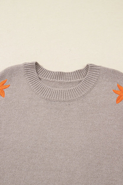 Floral Embroidered Sleeve Round Neck Loose Sweater