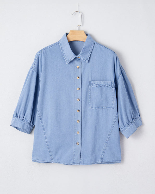 Denim Chambray Drop Shoulder 3/4 Sleeve Shirt