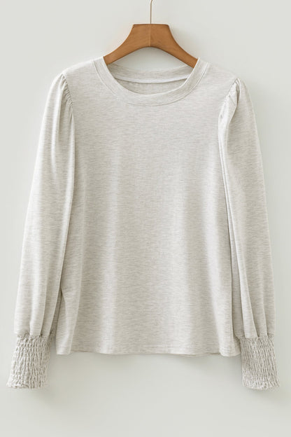 Solid Shirred Peasant Long Puff Sleeve Top