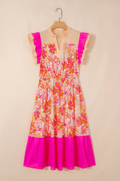 Floral Colorblock Ruffle Short Sleeve Midi Dress