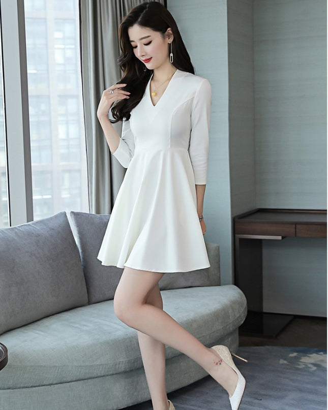 Dresses Pure Color V-collar Mid-waist Zipper Korean A-shaped Skirt Spring Long Sleeve Skirt Lace A