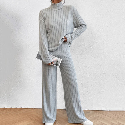 Leisure Turtleneck Knitting Long-sleeve Sweater Loose Trousers Two-piece Set