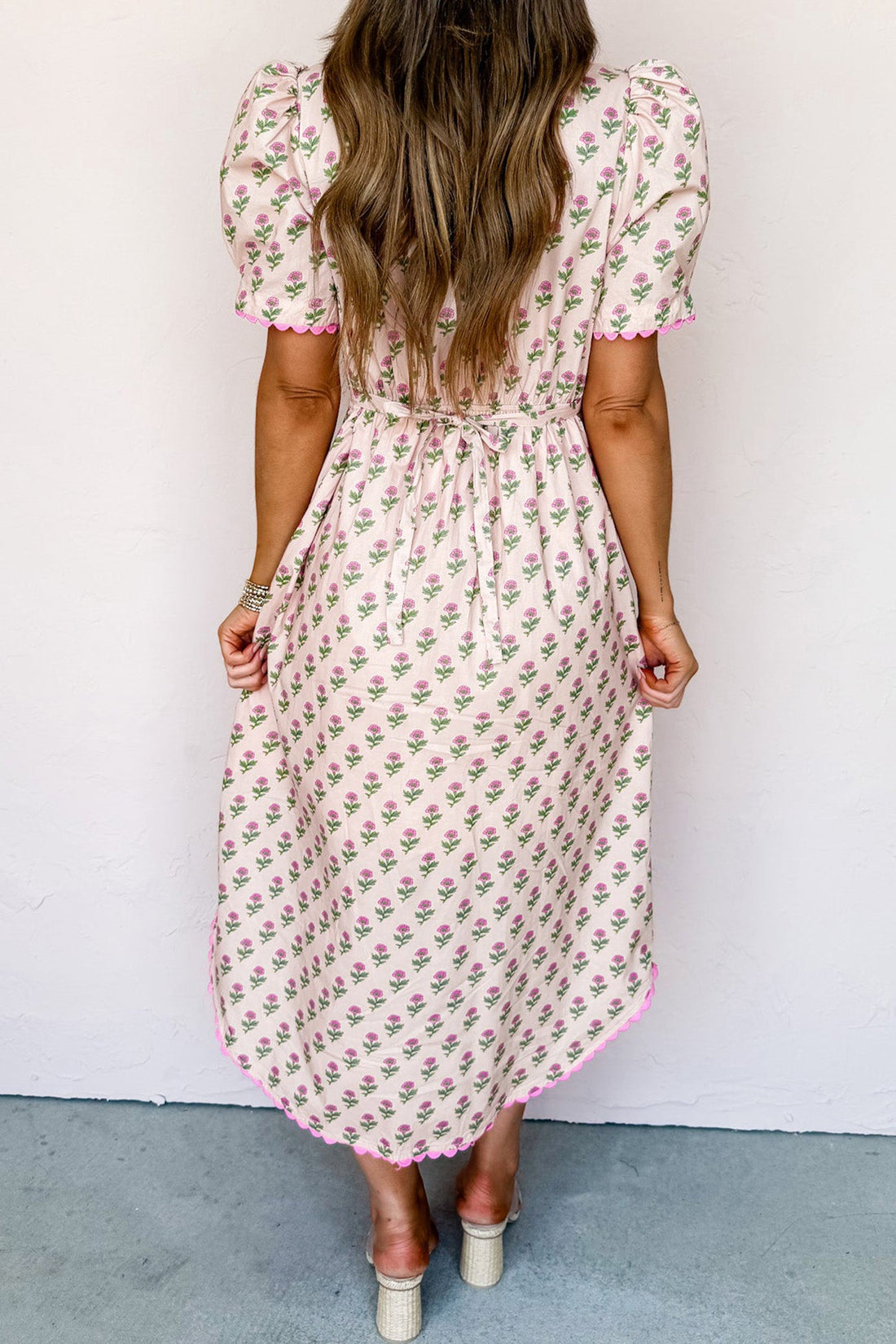 Floral Scallop Trim V-Neck Button Front Maxi Dress
