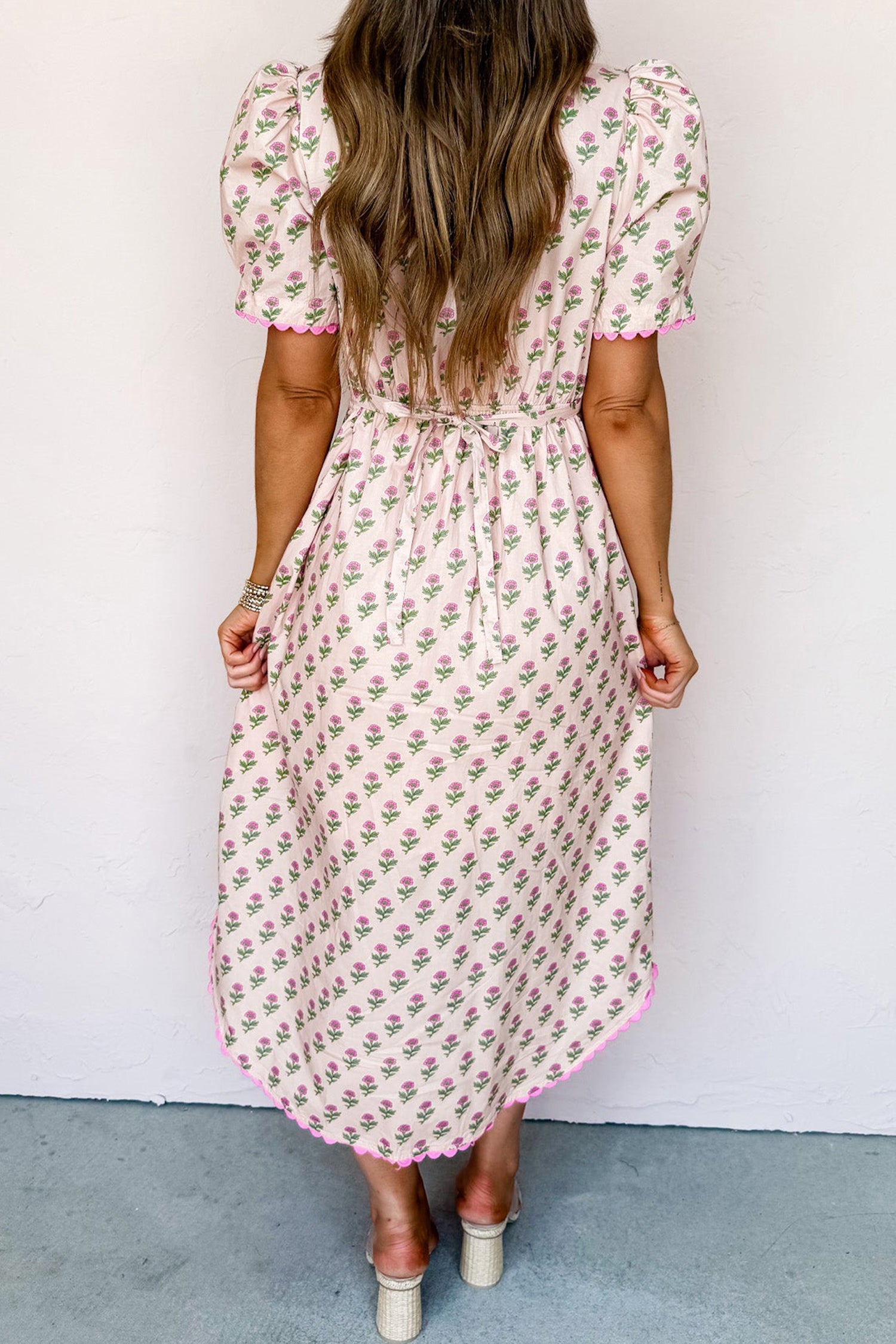 Floral Scallop Trim V-Neck Button Front Maxi Dress
