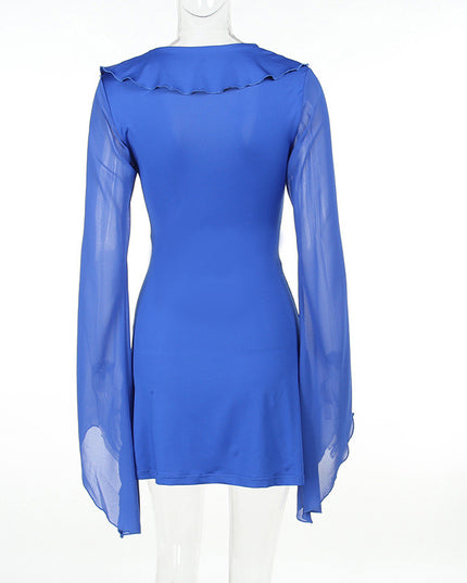 Sexy Ruffled V-neck Lace-up Long-sleeved Dress Fashion Y2K Skirt Slim Hip-covering Short Dresses For Womens Clothing