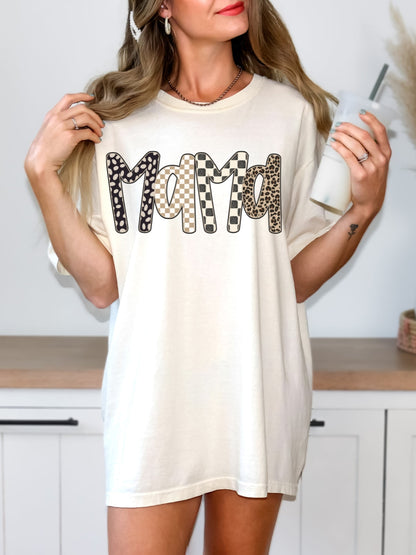 Comfort Colors Mama Checkered Leopard Print T-Shirt