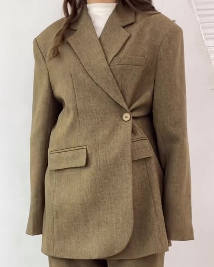 Solid Color Slit Back Buttoned Waist Blazer & High Waist Pants Set