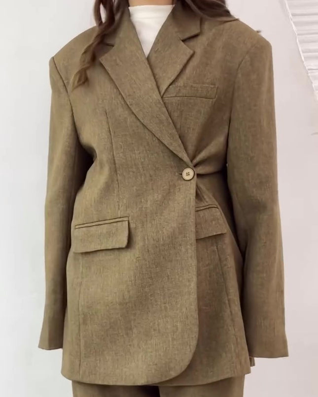 Solid Color Slit Back Buttoned Waist Blazer & High Waist Pants Set