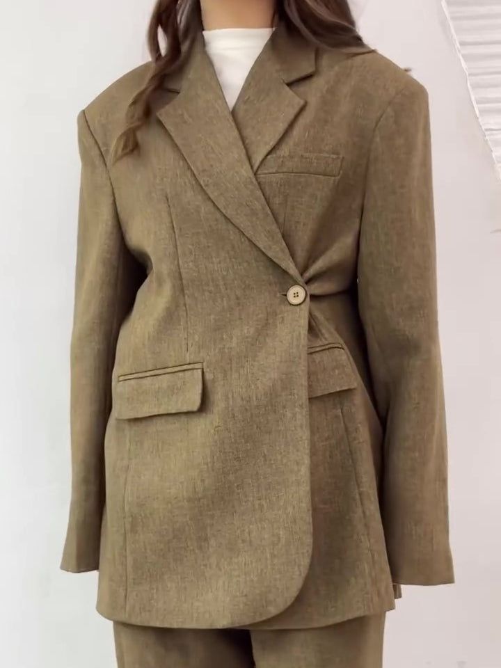 Solid Color Slit Back Buttoned Waist Blazer &amp; High Waist Pants Set