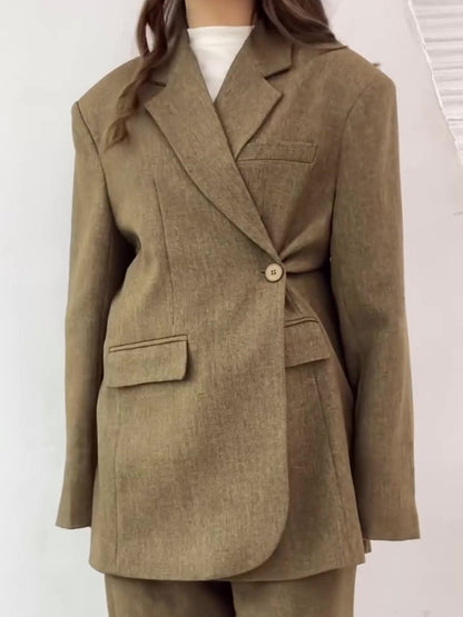 Solid Color Slit Back Buttoned Waist Blazer &amp; High Waist Pants Set