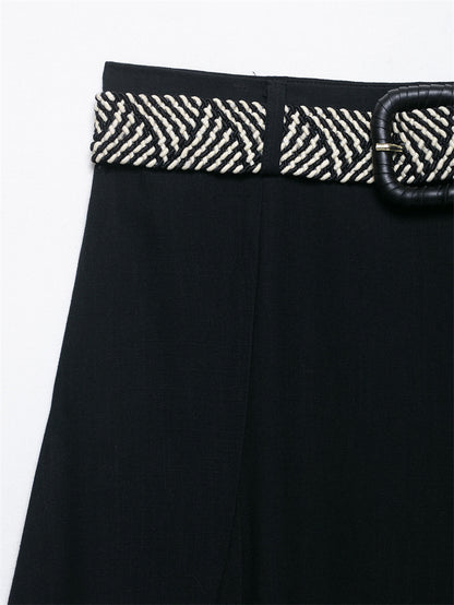 Belt Linen Blend Midi Skirt Skirt