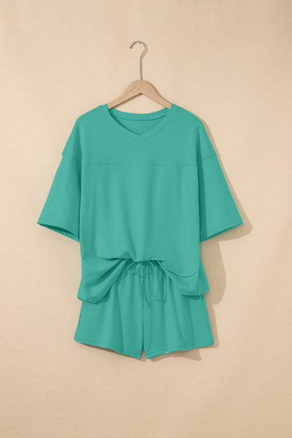 Solid Loose V-Neck Tee &amp; Drawstring Shorts Set