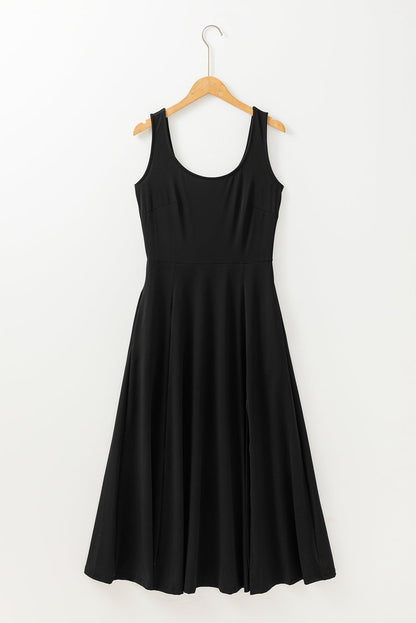 Solid Sleeveless Flared Side Slit Midi Dress