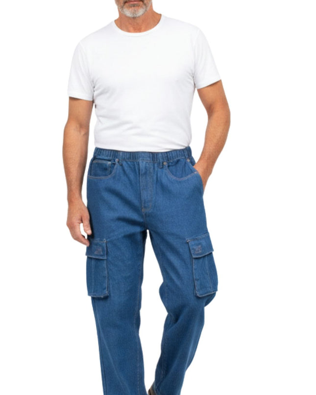 Men's Lightweight Double Cargo Pocket Pull-On Jeans – Cotton Blend Cargo Pants with Elastic Waist