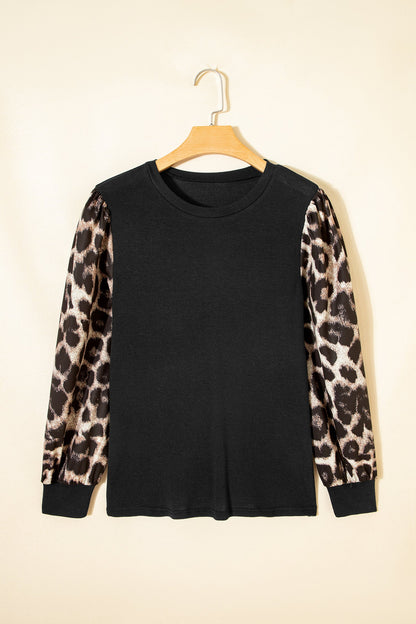 Leopard &amp; Floral Patchwork Puff Sleeve Top
